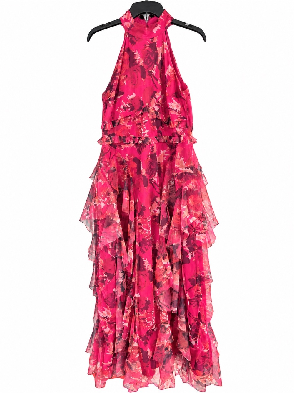 Lace & Beads Pink Floral Ruffle Halter Maxi Dress Size 12